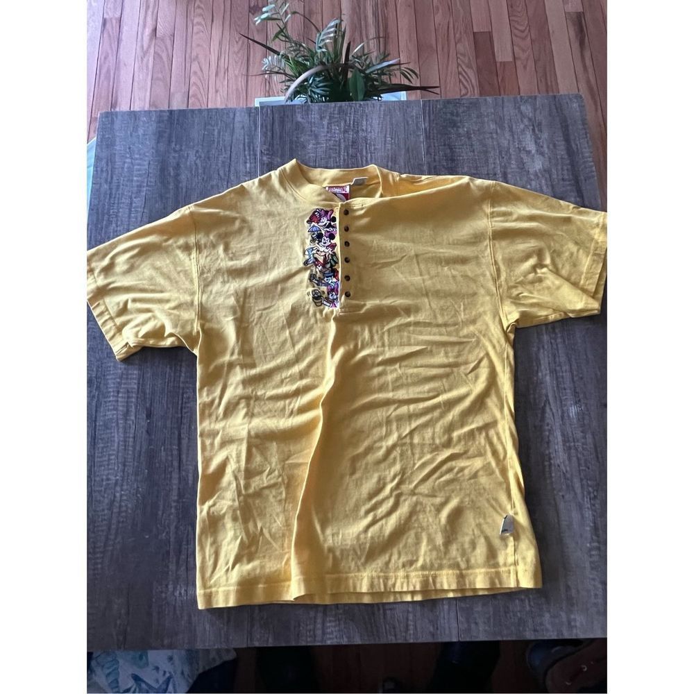 Vintage 90s Disney Mickey Mouse Henley Shirt Adult Size Large Yellow Embroidered